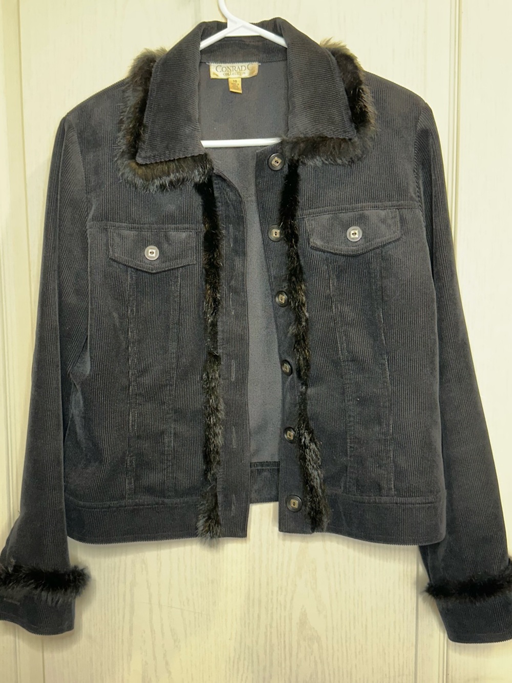 Y2K Black Corduroy Jacket with Fur Trim sz 10 whimsigoth goth dark academia